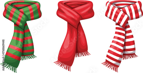 Christmas winter scarf clipart, festive holiday scarf illustration, red green striped scarf design, cozy winter clothing accessory, cartoon fashion element