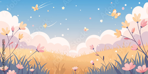 A colorful spring meadow with flowers under a bright sky, a whimsical vector illustration of a peaceful nature landscape