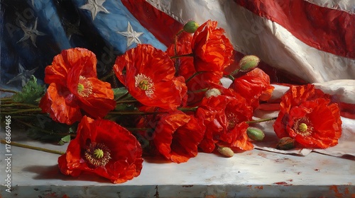 A still life featuring vibrant red poppies in front of the American flag, combining patriotism and floral beauty.