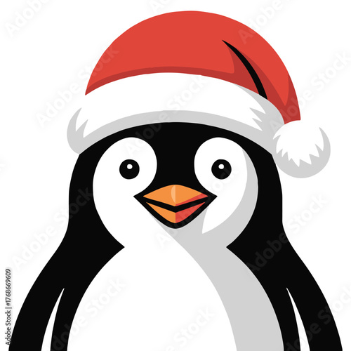 Cartoon penguin wearing a santa hat with white trim and a pom pom on a white background close up