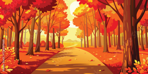 Bright orange and yellow maple leaves color the autumn nature landscape, framing a beautiful forest road scene