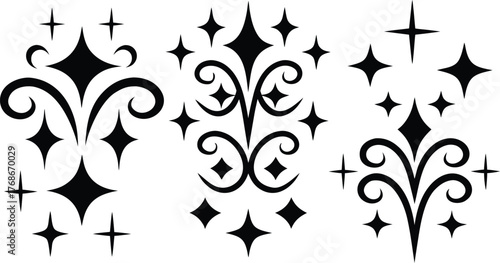 Collection of black abstract decorative flourishes starbursts and ornamental elements for graphic design projects