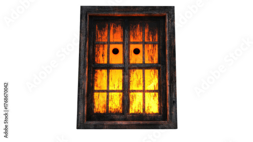 Sinister Glowing Eyes Behind Grungy Window on Dark, Checkered Background, Horror Element