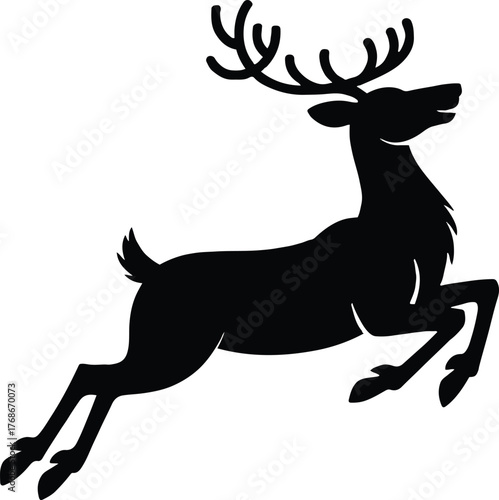 A black silhouette of a reindeer leaping with antlers on a white background in a vector graphic