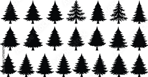 Pine tree silhouettes collection, black conifer shapes, forest evergreen outlines, winter woodland elements, Christmas tree design assets, seasonal nature illustration set