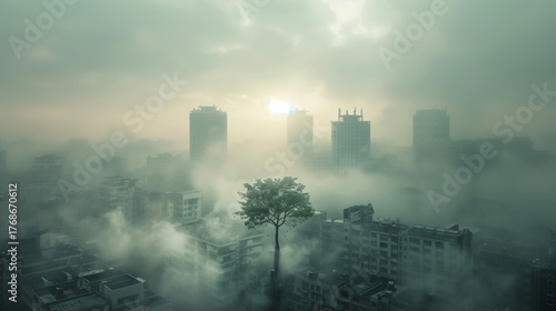 Misty cityscape with silhouetted buildings and lone tree