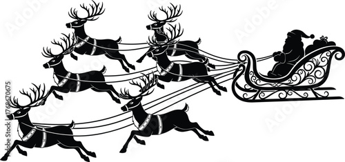 Santa Claus silhouette sleigh with reindeer, flying Christmas illustration, festive holiday clipart, winter decoration design, seasonal xmas artwork, celebration icon