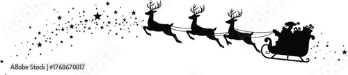 Santa Claus silhouette, flying sleigh with three reindeer, Christmas night sky, festive holiday design, magical stars, winter celebration, seasonal illustration