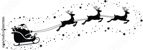 Santa Claus sleigh silhouette, flying reindeer, Christmas night sky, festive holiday design, magical stars, winter celebration, traditional seasonal illustration art