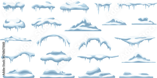 Snow and icicle formations, winter frozen elements, snowy caps and ledges, frosty decoration, seasonal ice design, holiday background, cold environment assets