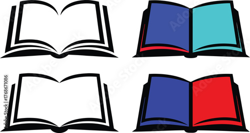 Collection of four stylized open book icons in classic black and white for educational and literary themes