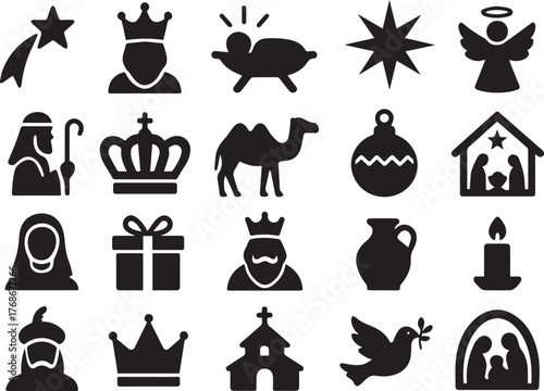 Set of christmas nativity scene icons isolated on white background collection of religious symbols like star, king, baby jesus, angel, and shepherd in silhouette style