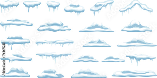 Snow caps collection, cartoon snow ledges, icy icicles, winter frozen elements, holiday game assets, arctic environment design, festive seasonal illustration set