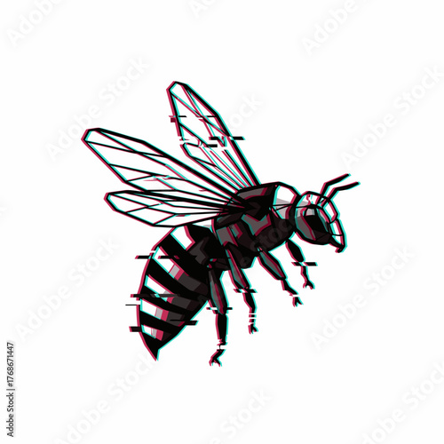 Modern digital art illustration of a flying bee with a unique glitch effect and anaglyph 3D distortion, a stylized insect design on white.
