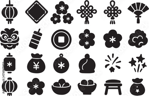 Collection of chinese new year icons isolated on white background includes lantern, knot, flower, coin, lion dance, firecracker, and other traditional elements