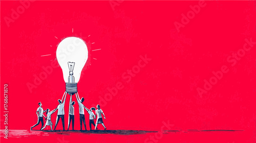 In a vibrant red setting, a diverse group of people collaborates to elevate a large light bulb