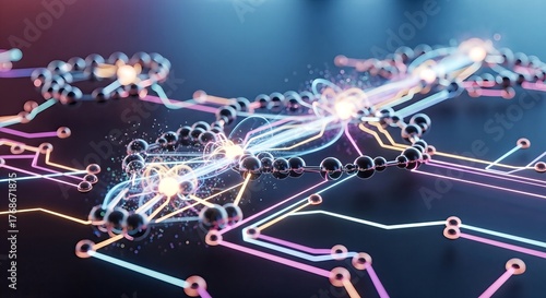 Futuristic visualization of a quantum network with glowing nodes and light trails representing data flow.