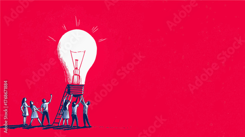 In a vibrant red setting, a diverse group of people collaborates to elevate a large light bulb