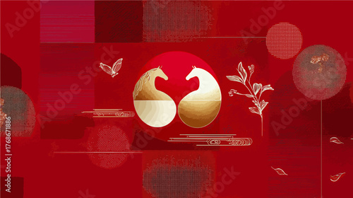 Red horse walking on abstract waves with golden accents on a deep red background during a festive celebration