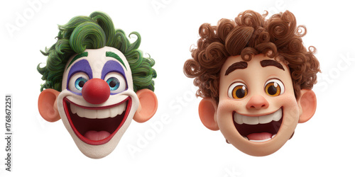 3D Character Faces: Joyful Joker with Green Hair and Smiling Boy with Curly Brown Locks