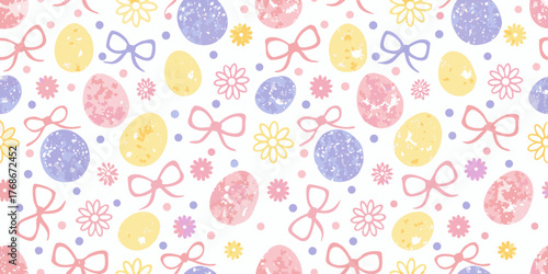 Seamless easter pattern with pastel colored eggs bows and flowers on a white background