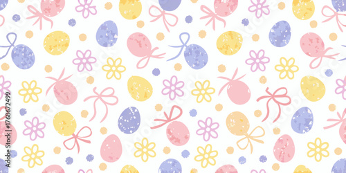 Seamless pattern of pastel easter eggs and flowers with bows on a white background