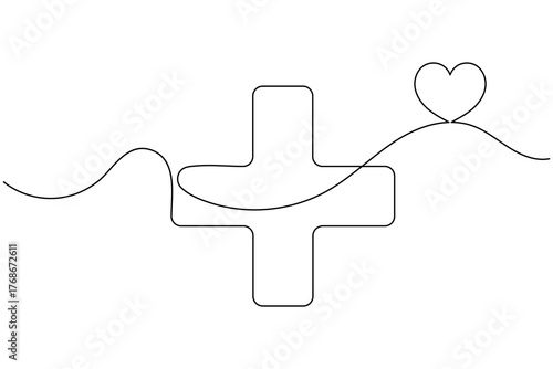 Medical cross continuous one line drawing on white background minimalist health symbol outline vector illustration