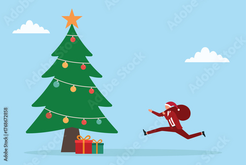 Vector illustration of a businessman dressed as Santa Claus running joyfully with a gift sack toward a decorated Christmas tree, symbolizing holiday celebration, joy, and festive spirit
