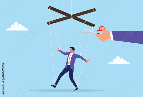 Vector illustration of a businessman being controlled like a puppet with strings while a hand cuts the strings with scissors, symbolizing freedom, independence, control, manipulation, self liberation