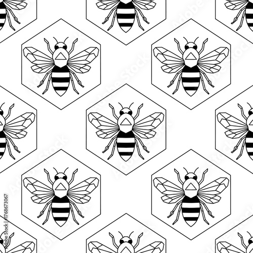 A sleek, modern seamless pattern presents a repeating design of stylized black and white bees, each precisely framed within a clean geometric hexagon.