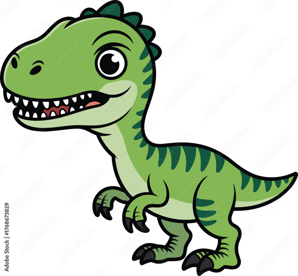 Fototapeta premium Cartoon green dinosaur, big eyes, sharp teeth, playful expression, vector illustration, kids content, prehistoric animal, digital artwork, friendly character