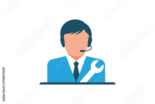 Customer service representative wearing a headset and a wrench icon represents technical support.