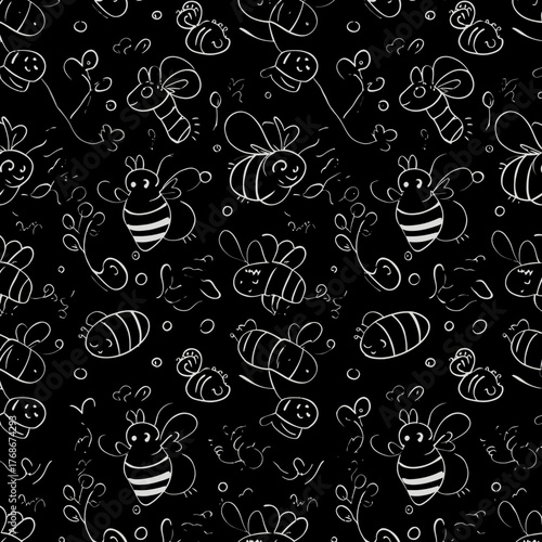 Seamless pattern of adorable hand-drawn cartoon bees buzzing happily among delicate floral doodles on a dark background, perfect for playful designs.
