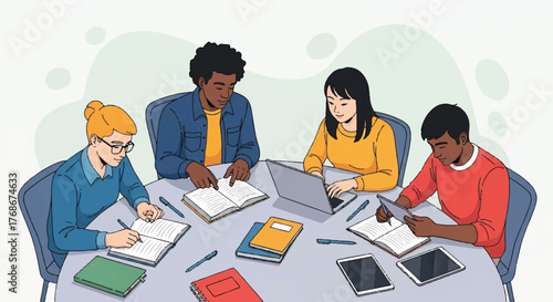 A diverse group of four young students collaborating and studying together around a table with books and laptops.