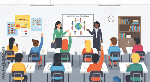 Two female teachers leading a lesson on cultural diversity in a vibrant, multicultural classroom with engaged students raising their hands.