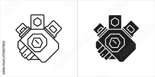 Two icons of a camera lens adapter with extension, one in outline and one in silhouette