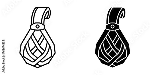 Stylized woven basket or pouch with a handle, depicted in outline and solid black