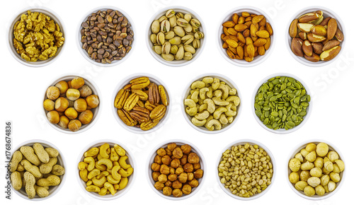 Assortment of nuts on top in white background
