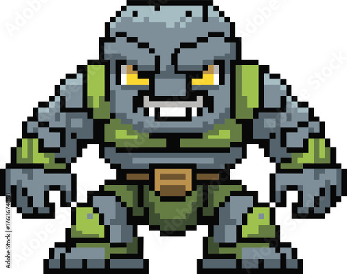 Pixel art monster, muscular fantasy creature, retro video game enemy, gray armored beast, fierce battle sprite, pixelated villain character