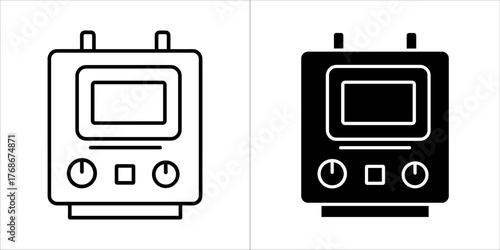 Small electronic device icon with screen and knobs in outline and solid black