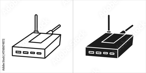 Wireless router or modem icon with antenna in outline and solid black