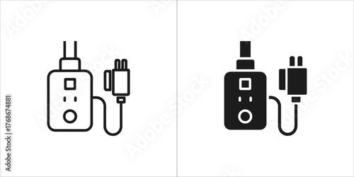 Two stylized icons of a vape device with a charger, one outlined and one solid black, on a