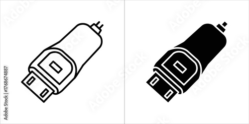Two stylized icons of a usb flash drive, one outlined and one solid black, on a