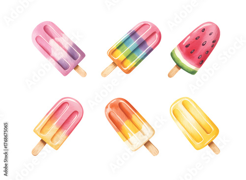 Watercolor popsicle illustration set for kids summer party decor. Ice-cream and popsicle vector illustration.
