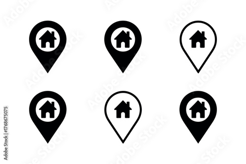 Location pins with a house icon represent home search and navigation.