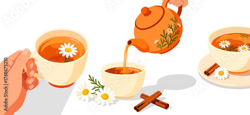 Flat Vector Illustration of Herbal Chamomile Tea with Teapot and Cinnamon – Cozy Autumn Drink Concept, Warm autumn color palette with cinnamon sticks, chamomile flowers, and cozy atmosphere.