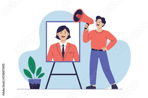 A man holds a megaphone and speaks towards a portrait of a woman on an easel.