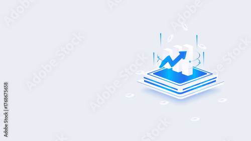 Stock market isometric vector illustration. stock market growth chart concept. Suitable for finance, investment, trading, online business, and technology.