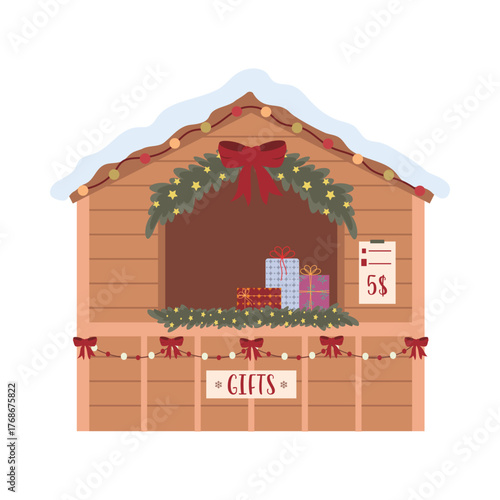 Festive Christmas Market Stalls with Gifts, Decorations, and Holiday Treats Set