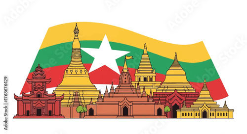 Iconic Myanmar landmarks and pagodas skyline with the national flag of Myanmar in the background.